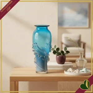 Vaso Wave in vetro blu con decoro trasparente, altezza 40 cm