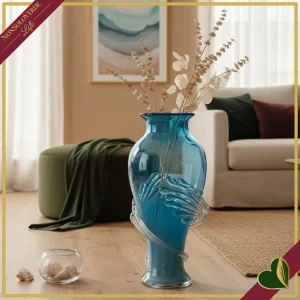 Vaso da terra Wave in vetro blu con decoro trasparente, altezza 50 cm