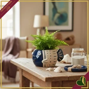 Cachepot pesce Kjell in ceramica smaltata blu scuro e beige, larghezza 17 cm