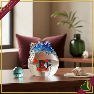 Scultura marina Wave in vetro soffiato blu con pesci decorativi, altezza 15 cm
