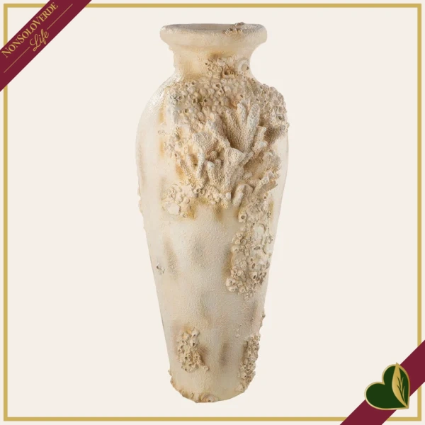 Vaso da terra anfora Seychelles in resina sintetica bianca con decoro corallo e conchiglie, altezza 80,5 cm