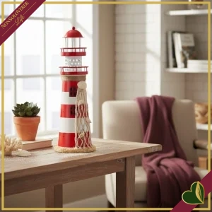 Faro decorativo LED Farol in ferro bianco e rosso con conchiglie, altezza 29 cm