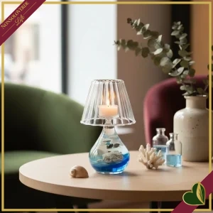 Portacandela tealight Ocean a forma di lampada da tavolo in vetro decorato marino, altezza 16 cm