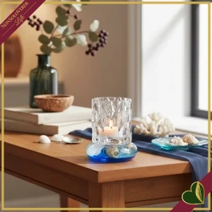Portacandela tealight Ocean a forma di lanterna in vetro decorato marino, altezza 13 cm
