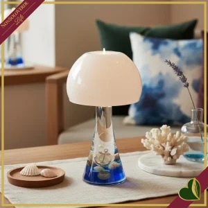 Portacandela tealight Ocean a forma di lampada da tavolo in vetro decorato marino, altezza 23 cm