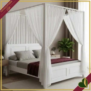 Letto matrimoniale Colette con tende in legno di mango bianco, larghezza 175 cm