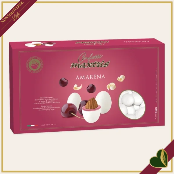 Confetti Maxtris all’amarena, confetti bianchi con mandorla tostata e cioccolato bianco al gusto di amarena, 1 chilogrammo