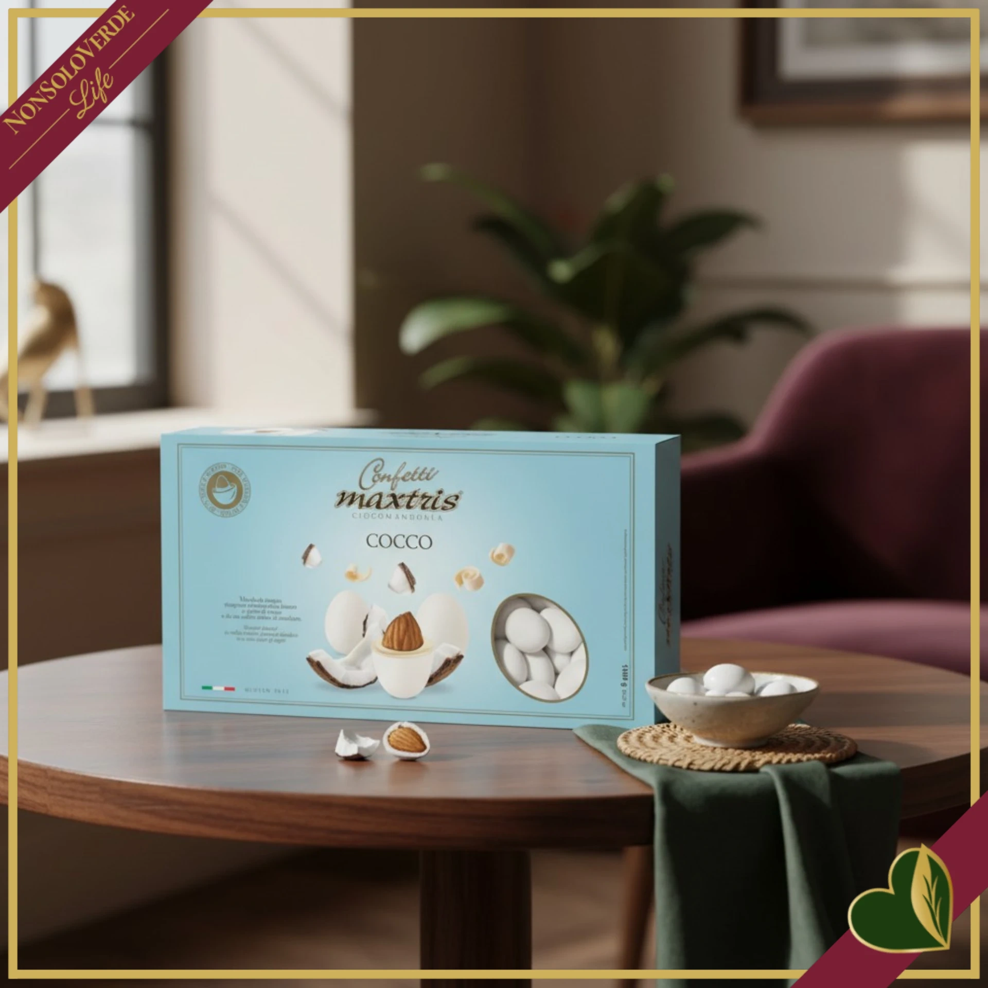 Confetti Maxtris al cocco, bianchi con mandorla tostata e cioccolato bianco al gusto di cocco, 1 chilogrammo