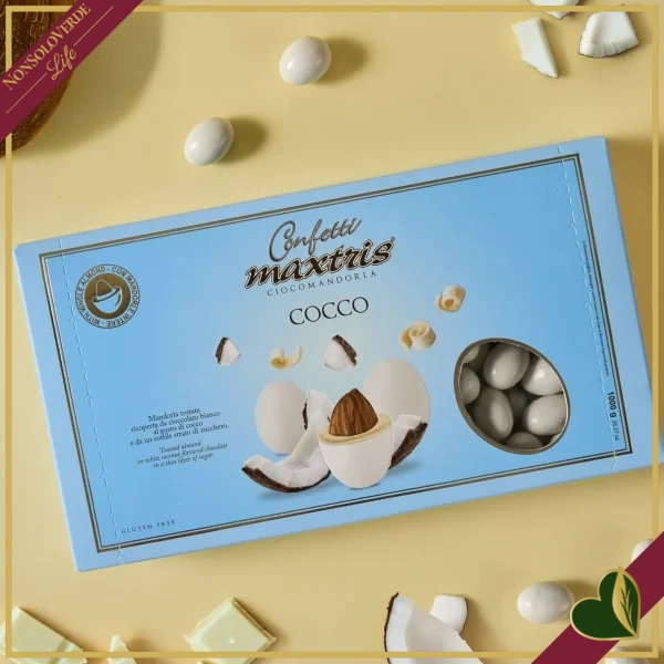 Confetti Maxtris al cocco, bianchi con mandorla tostata e cioccolato bianco al gusto di cocco, 1 chilogrammo