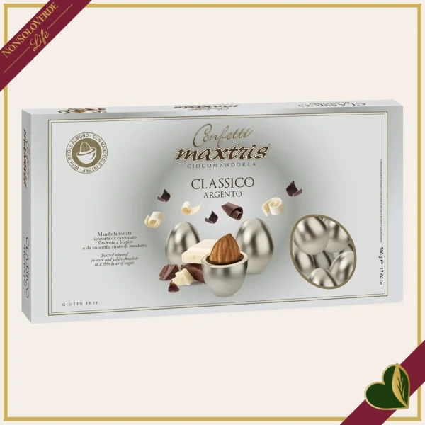 Confetti Maxtris classici argento con mandorla tostata e doppio cioccolato, 500 grammi