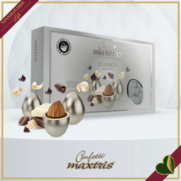 Confetti Maxtris classici argento con mandorla tostata e doppio cioccolato, 500 grammi