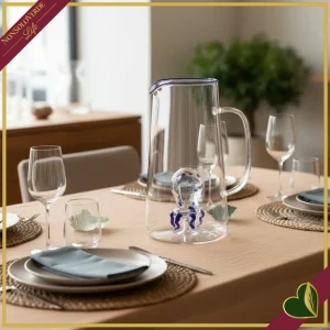 Caraffa Oceanya in vetro con medusa blu, altezza 20 cm