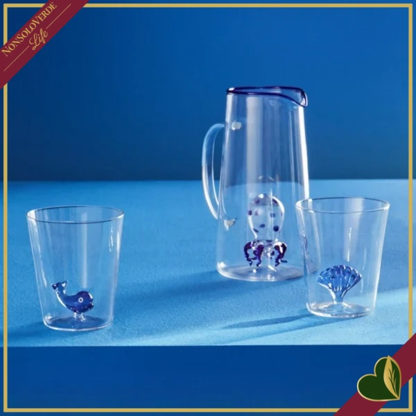 Caraffa Oceanya in vetro con medusa blu, altezza 20 cm