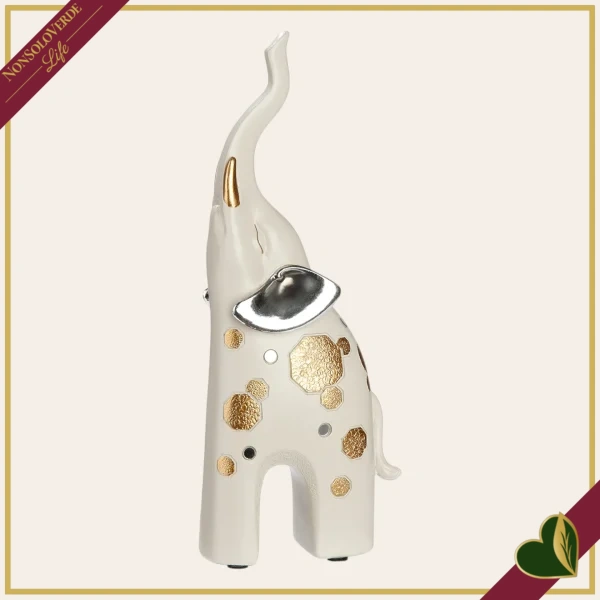 Elefante decorativo Midas avorio con dettagli dorati e argentati, altezza 25 cm