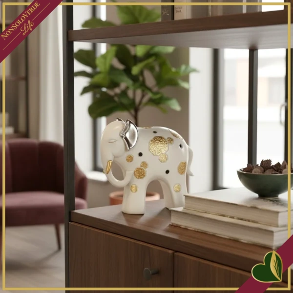 Elefante decorativo Midas avorio con dettagli oro e argento, altezza 12 cm