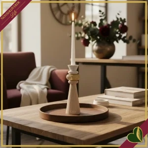 8000000103611-0 Portacandela scultoreo “Modular” in marmorina nocciola e oro, altezza 25 cm