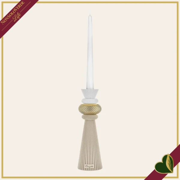 Portacandela scultoreo “Modular” in marmorina nocciola e oro, altezza 25 cm