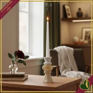 8000000103628-0 Portacandela scultoreo “Modular” in marmorina nocciola e oro, altezza 15 cm