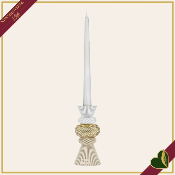 Portacandela scultoreo “Modular” in marmorina nocciola e oro, altezza 15 cm