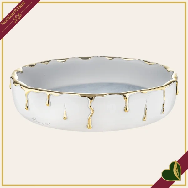 Vuotatasche Rugiada bianco e oro in marmorina, diametro 19 cm