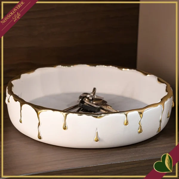 Vuotatasche Rugiada bianco e oro in marmorina, diametro 19 cm