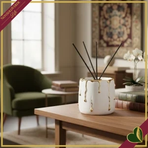 8000000103673-0 Diffusore decorativo Rugiada bianco e oro in marmorina, altezza 8 cm