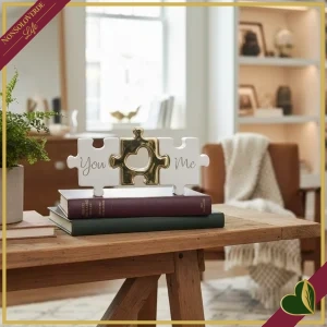 Scultura puzzle You Me in marmorina bianco e oro, lunghezza 18 cm