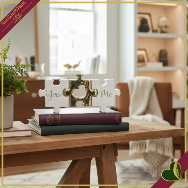 Scultura puzzle You Me in marmorina bianco e oro, lunghezza 18 cm