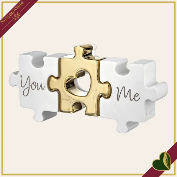 Scultura puzzle You Me in marmorina bianco e oro, lunghezza 18 cm
