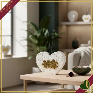 8000000103758-0 Diffusore decorativo cuore puzzle in marmorina bianco e oro, altezza 13 cm