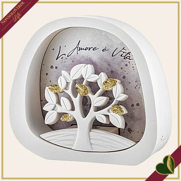 Decorazione luminosa con LED Albero della vita in marmorina bianca con decori oro, altezza 12 cm