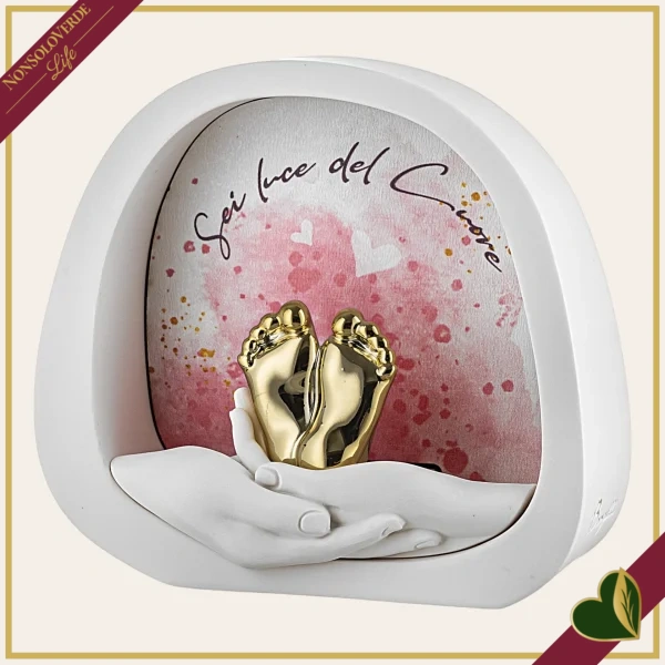 Decorazione luminosa con LED mani con piedini rosa e oro in marmorina bianca, altezza 12 cm