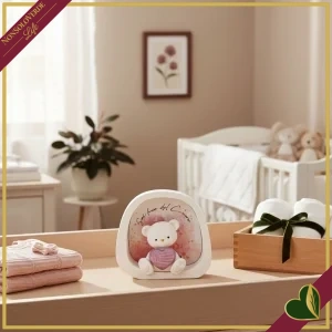 Decorazione luminosa con LED orsetto con cuore rosa in marmorina bianca, altezza 12 cm