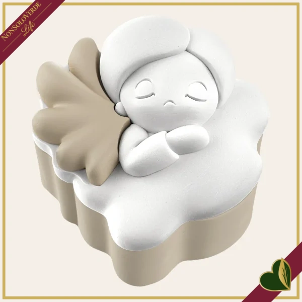 Scatolina angelo con Santo Rosario in marmorina bianco e nocciola, altezza 8 cm