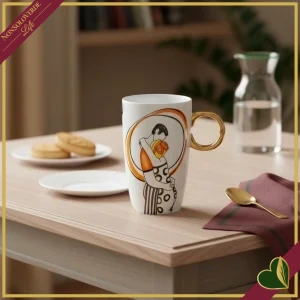 8055267588404-0 Tazza da latte “Con Te” Abbracci in porcellana con manico dorato, 420 ml