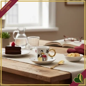 8055267588428-0 Tazzina da caffè con piattino “Vicini” Abbracci in porcellana con manico dorato, 80 ml