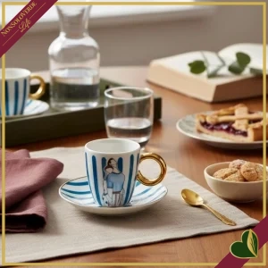 8055267588435-0 Tazzina da caffè con piattino “Attimi” Abbracci in porcellana con manico dorato, 80 ml