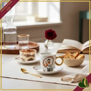8055267588442-0 Tazzina da caffè con piattino “Con Te” Abbracci in porcellana con manico dorato, 80 ml