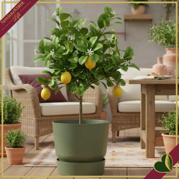 Vaso Greenville rotondo verde foglia con riserva d’acqua, diametro 39 cm