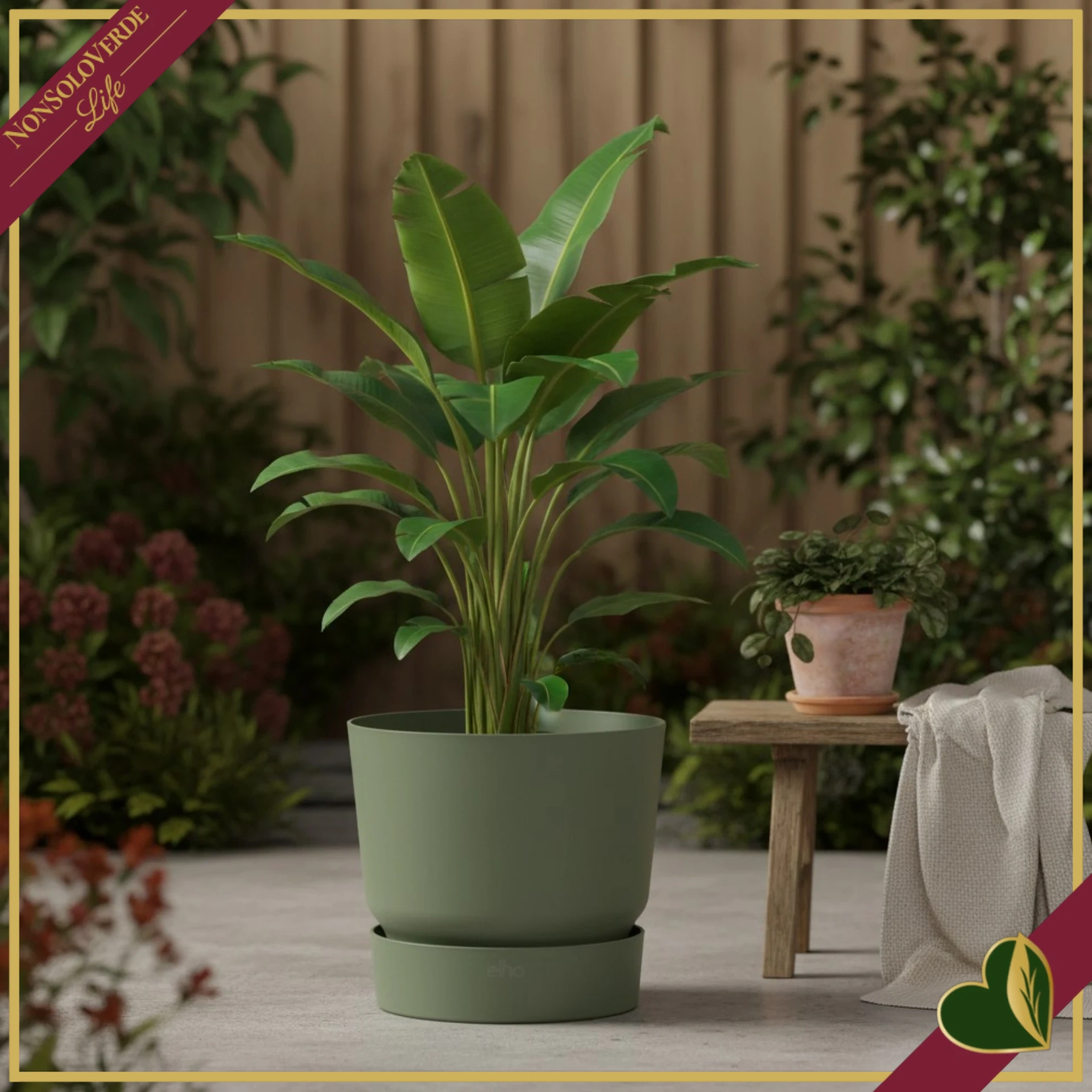 Vaso Greenville rotondo verde foglia con riserva d’acqua, diametro 47 cm