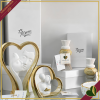 Portacandela scultoreo “Modular” in marmorina nocciola e oro, altezza 15 cm