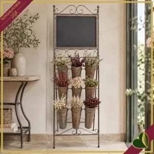 Espositore portafiori da terra con lavagna e 9 contenitori in metallo finitura bronzo, altezza 130,8 cm