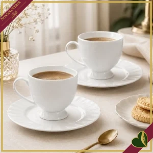 Set 2 tazzine caffè con piattino Georgette in New Bone China bianche, diametro 12 cm