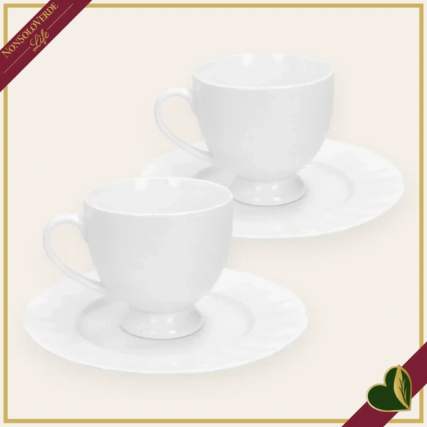 Set 2 tazzine caffè con piattino Georgette in New Bone China bianche, diametro 12 cm