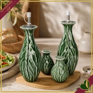 8029722516776-0 Set menage Foglia Vegan da 4 pezzi in porcellana verde con base in bamboo naturale, altezza 22 cm