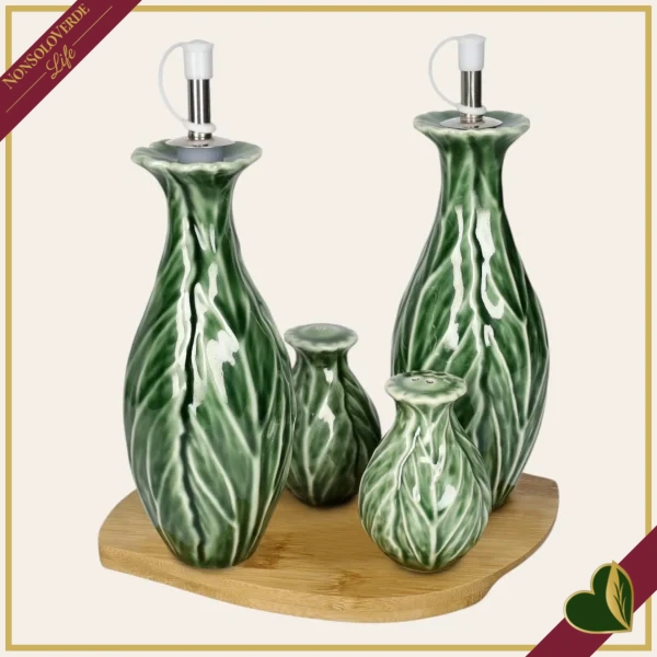 Set menage Foglia Vegan da 4 pezzi in porcellana verde con base in bamboo naturale, altezza 22 cm