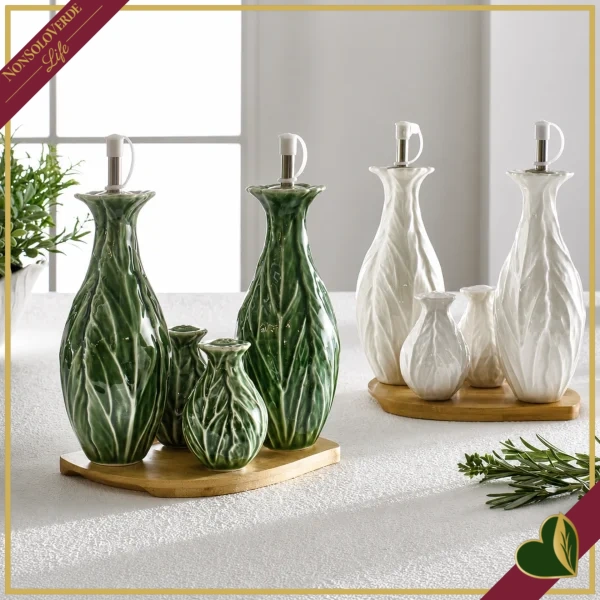 Menage Foglia Vegan set 4 pezzi in porcellana bianco con base in bamboo naturale, altezza 22 cm
