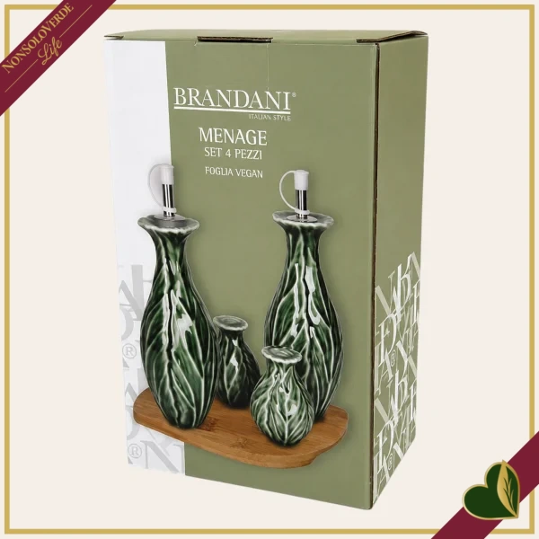 Set menage Foglia Vegan da 4 pezzi in porcellana verde con base in bamboo naturale, altezza 22 cm