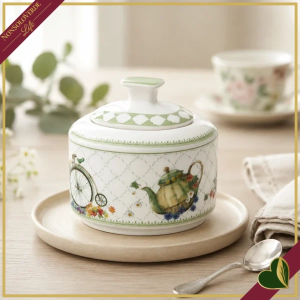 Zuccheriera Wonderland in New Bone China con mongolfiere acquerellate, lunghezza 10 cm