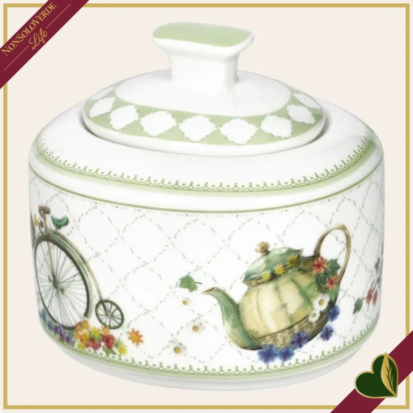 Zuccheriera Wonderland in New Bone China con mongolfiere acquerellate, lunghezza 10 cm